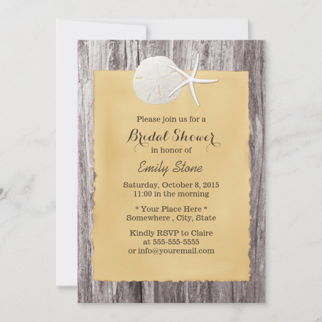 Rustic Sand Dollar & Starfish Wood Bridal Shower Invitation (Front)