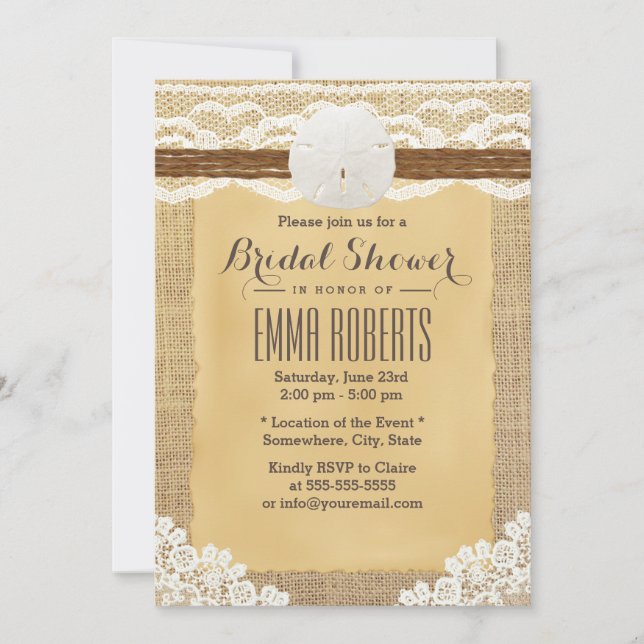 Rustic Sand Dollar Vintage Burlap Bridal Shower Invitation (Front)