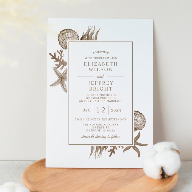 Rustic Sand Seashells Marine Ocean Beach Wedding Invitation (Creator Uploaded)