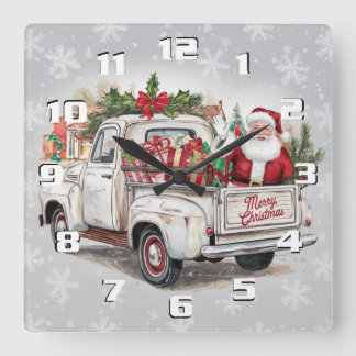 Rustic Santa and Truck in the snow cute Christmas Square Wall Clock