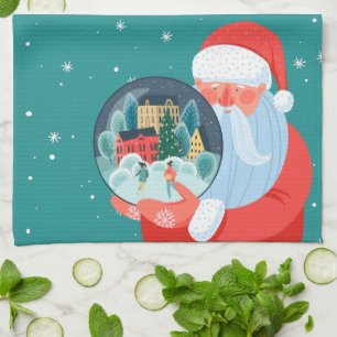 Rustic Santa Claus Globe Town Tea Towel