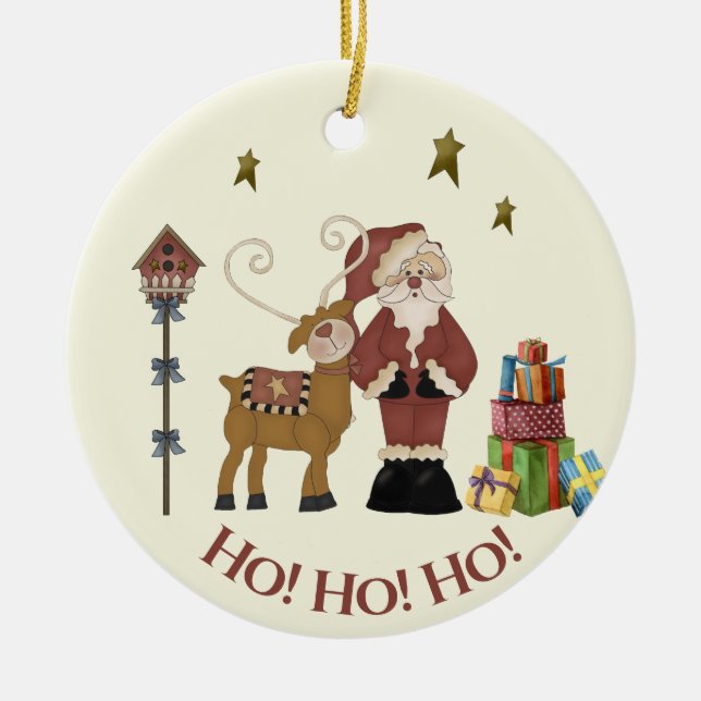 Rustic Santa, Reindeer Scene - Holiday Gift  Ceramic Tree Decoration (Front)