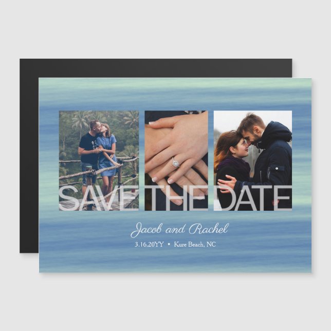 Rustic Save the Date 3-Photo Collage Magnet (Front/Back)