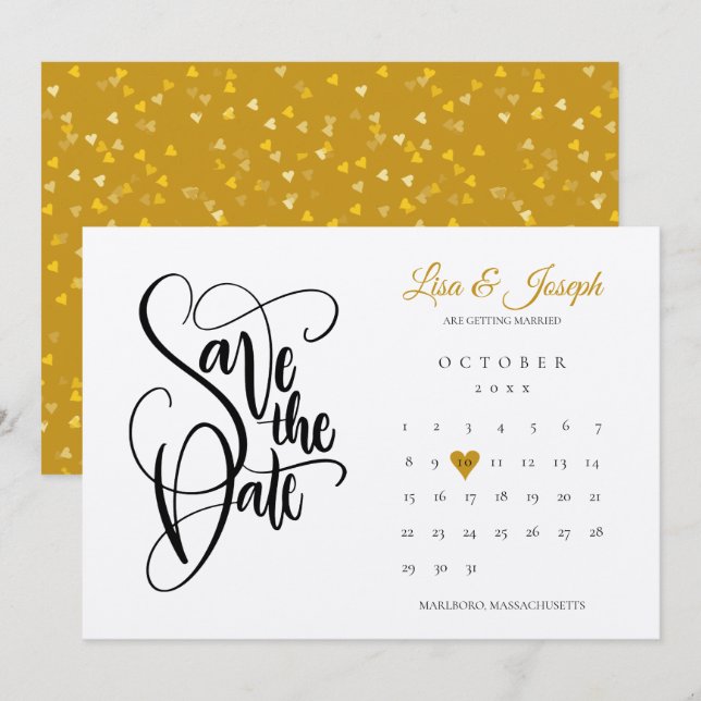 Rustic Save the Date Calendar Gold Love Heart (Front/Back)