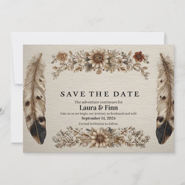 Rustic "Save the Date" Card with Feathers and Flow (Front)
