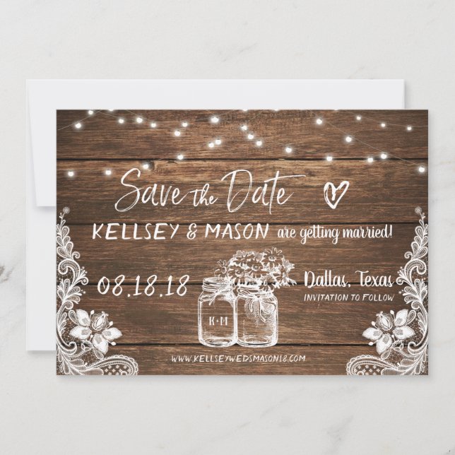 Rustic Save the Date | Mason Jars, Lace & Lights Invitation (Front)