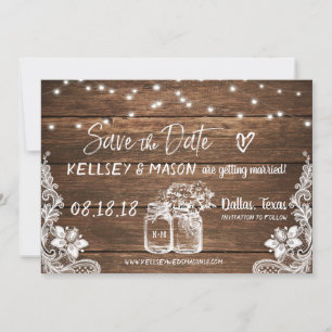Rustic Save the Date   Mason Jars, Lace & Lights Invitation