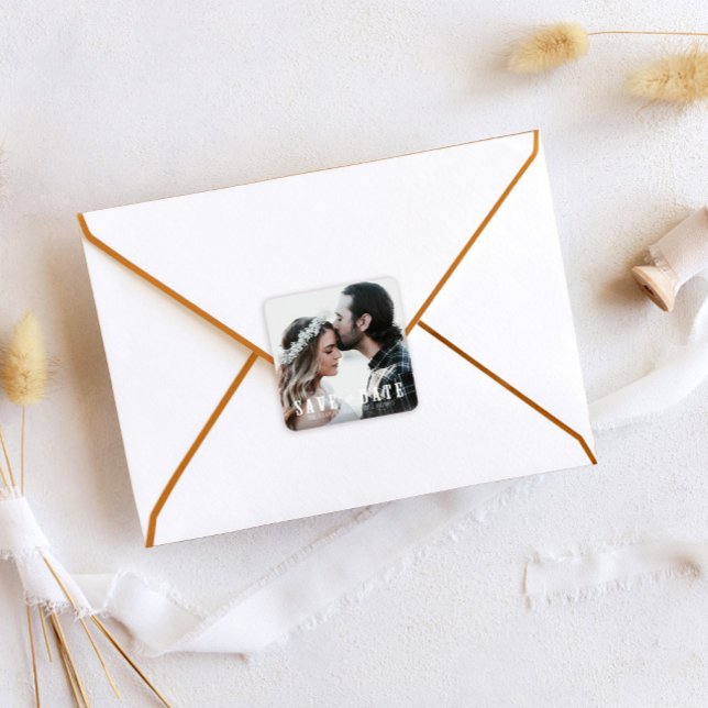 Rustic Save the Date Photo Wedding Favour Square Sticker (Creator Uploaded)