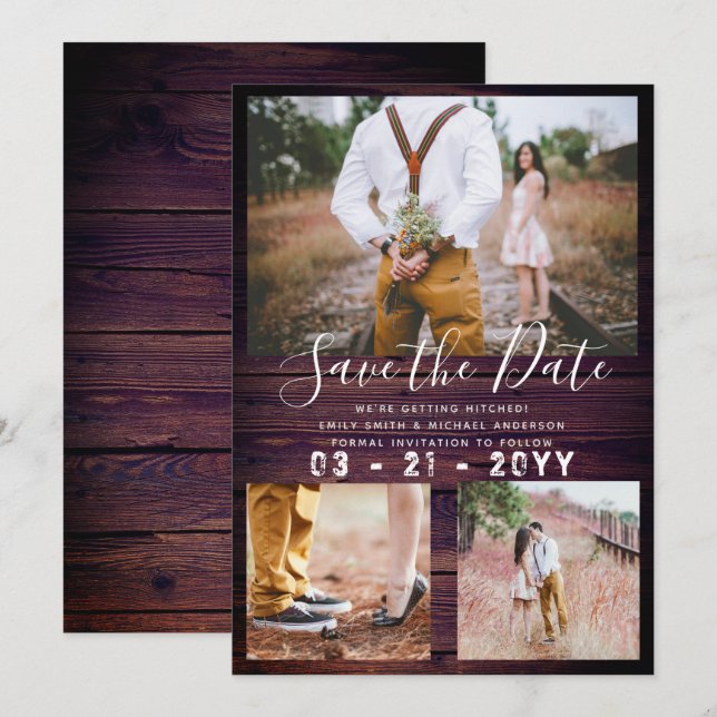 RUSTIC Save the Date Wedding PHOTO COLLAGE Purple Invitation (Front/Back)