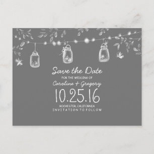 rustic save the date with fireflies mason jars announcement postcard