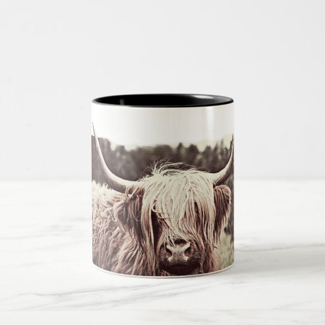 Rustic Scottish Highland Longhorn Cow Coffee Two-Tone Coffee Mug (Center)