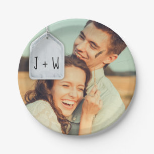 Rustic Scrapbook Initials and Photo Wedding Paper Plate