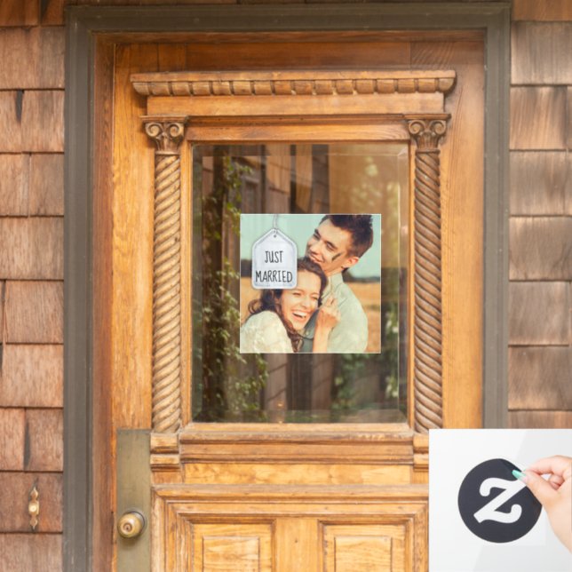 Rustic Scrapbook Just Married Photo Wedding Square Window Cling (Home Door)