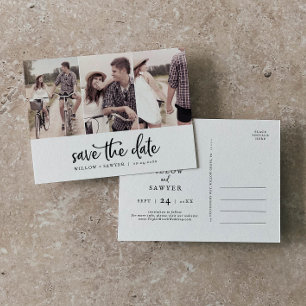 Rustic Script 3 Photo Save the Date Invitation Postcard