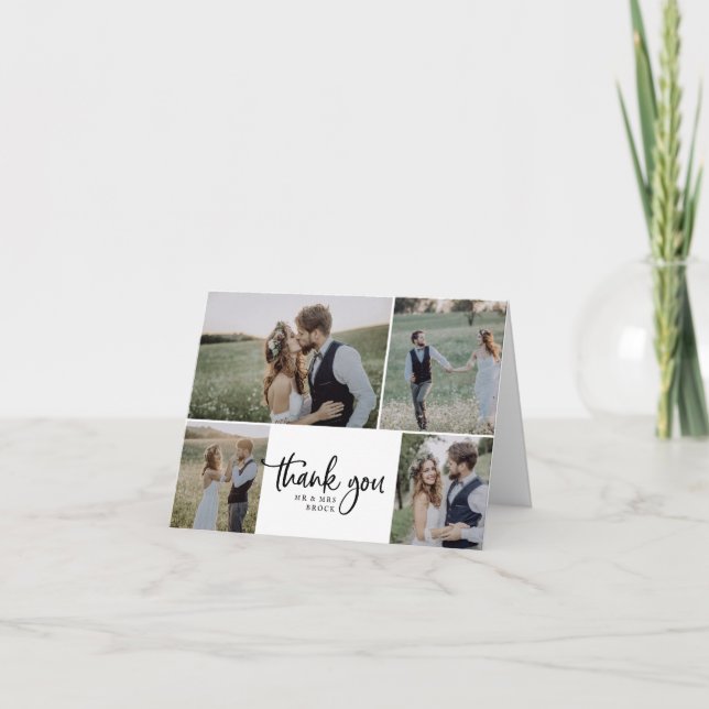 Rustic Script 4 Photo Collage Folded Wedding Thank You Card (Front)