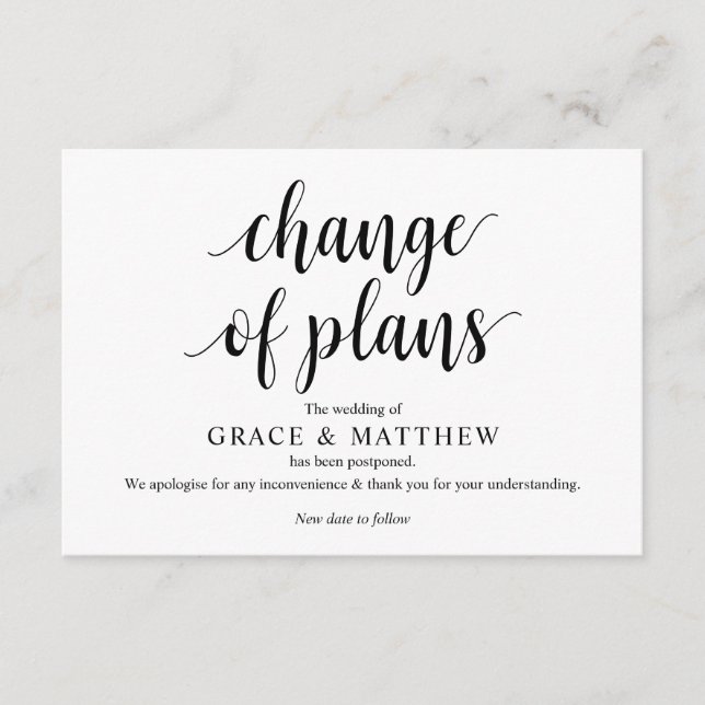 Rustic Script, Black, Wedding postpone, Editable Enclosure Card (Front)