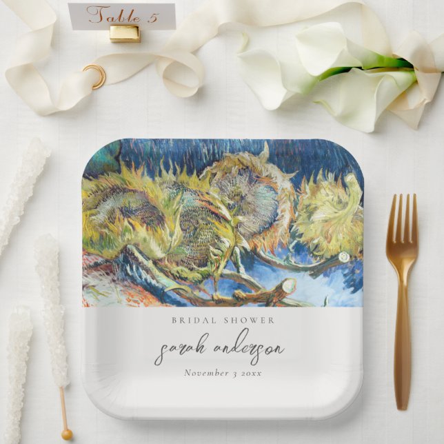 Rustic Script Blue Yellow Sunflower Bridal Shower Paper Plate (Wedding)