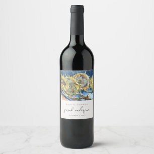 Rustic Script Blue Yellow Sunflower Bridal Shower Wine Label