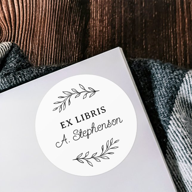 Rustic Script Botanical Leaves Ex Libris Bookplate Classic Round Sticker (Creator Uploaded)