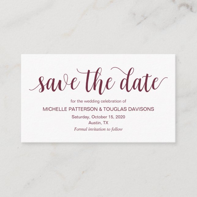 Rustic Script, Burgundy, Wedding Save the date Enclosure Card (Front)