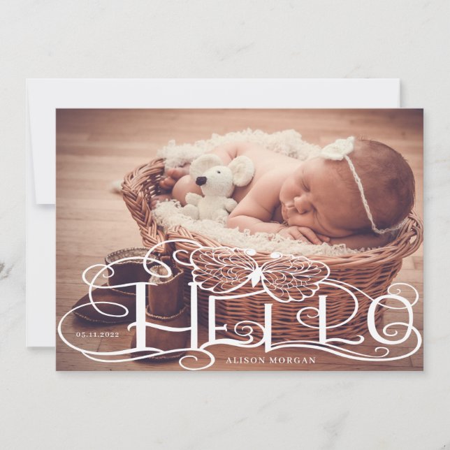 rustic script butterfly birth announcement card (Front)