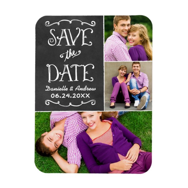 Rustic Script Chalkboard Save the Date Photo Black Magnet (Vertical)