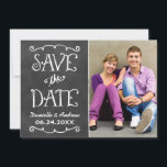 Rustic Script Chalkboard Wedding Black Save The Date<br><div class="desc">Whimsical and unique two-sided photo announcement card save the dates feature a rustic textured look blackboard background with handwritten style fonts that have a white chalk appearance. Personalise with the wedding details and a favourite portrait format engagement photo.</div>