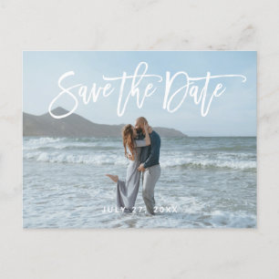 Rustic Script Couple Photo Beach Save The Date Postcard