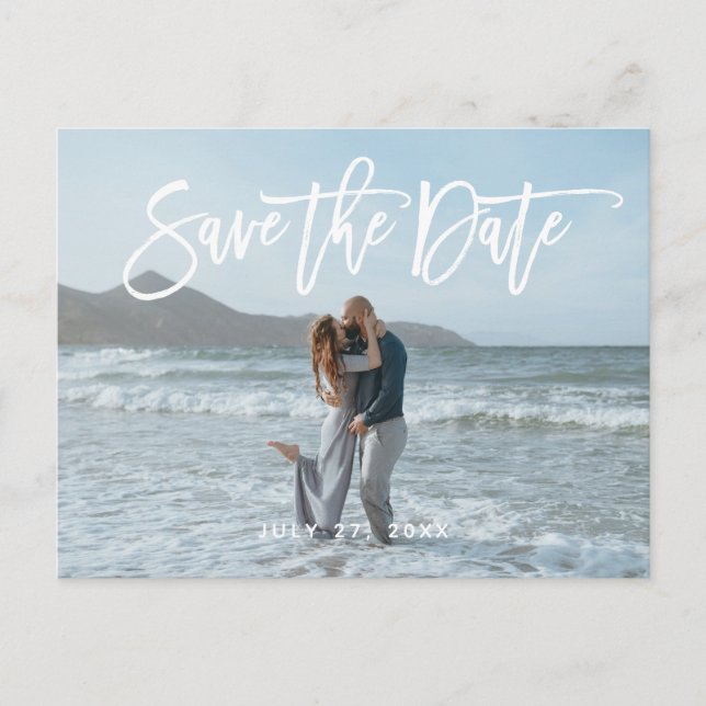 Rustic Script Couple Photo Beach Save The Date Postcard (Front)