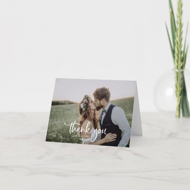 Rustic Script Dark Photo Folded Wedding Thank You Card (Front)