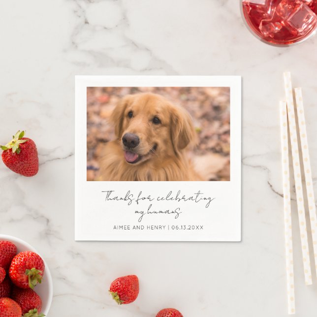 Rustic Script Dog Photo Modern Wedding Napkin (Insitu)