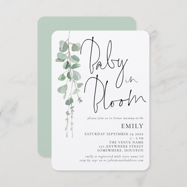 Rustic Script Eucalyptus Baby in Bloom Shower Invitation (Front/Back)