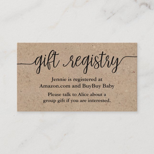 Rustic Script Gift Registry Shower Insert Card (Front)