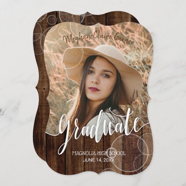 Rustic Script Gold Bokeh Photo Graduation Invitation (Front/Back)