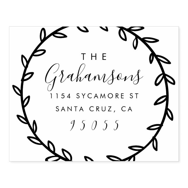 Rustic Script & Hand-drawn Wreath Return Address Rubber Stamp (Imprint)
