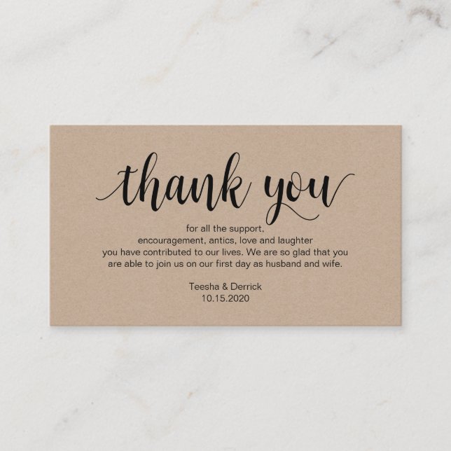 Rustic Script, kraft, black, Wedding Thank you Enclosure Card (Front)