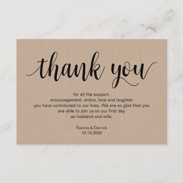 Rustic Script, kraft, black, Wedding Thank you Enclosure Card (Front)