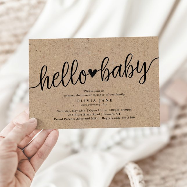 Rustic Script Kraft Hello Baby Sip and See Shower Invitation (Creator Uploaded)