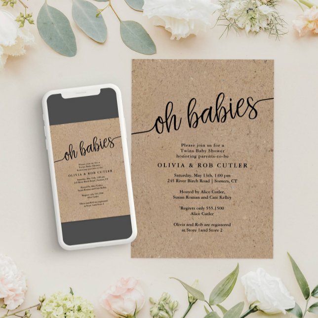 Rustic Script Kraft Oh Babies Twins Baby Shower Invitation (Creator Uploaded)