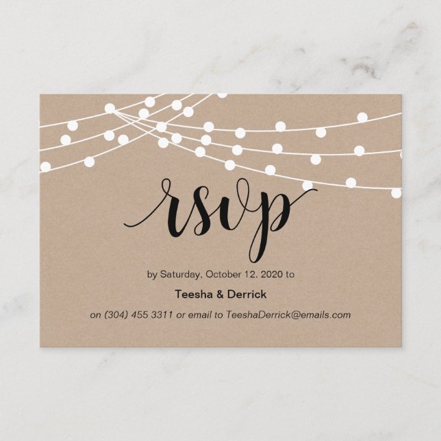 Rustic Script, kraft, string lights, Wedding RSVP Enclosure Card (Front)