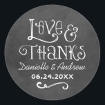 Rustic Script Love and Thanks Chalkboard Wedding Classic Round Sticker<br><div class="desc">Charming chalkboard favour stickers feature "Love & Thanks" with a custom wedding monogram in handwritten style fonts that have a white chalk appearance. Background has a rustic black board textured appearance.</div>