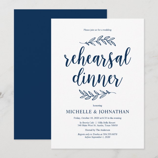 Rustic Script, Navy Blue, Wedding Rehearsal Dinner Invitation (Front/Back)