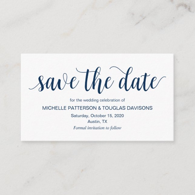 Rustic Script, Navy Blue, Wedding Save the date Enclosure Card (Front)
