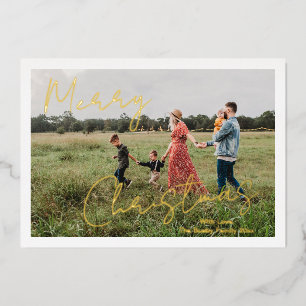 Rustic Script Photo Modern Christmas Foil Holiday Card