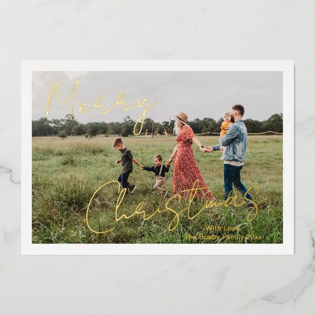 Rustic Script Photo Modern Christmas Foil Holiday Card (Front)