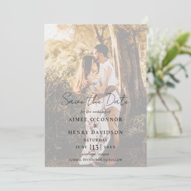Rustic Script Photo Modern Wedding Save The Date (Standing Front)