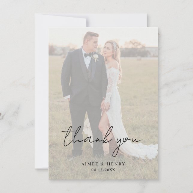 Rustic Script Photo Modern Wedding Thank You Card (Front)