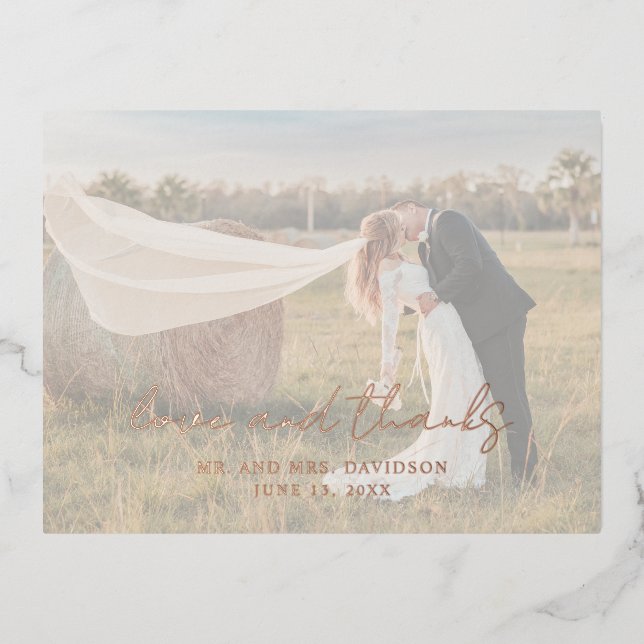 Rustic Script Photo Modern Wedding Thank You Foil Invitation Postcard (Front)
