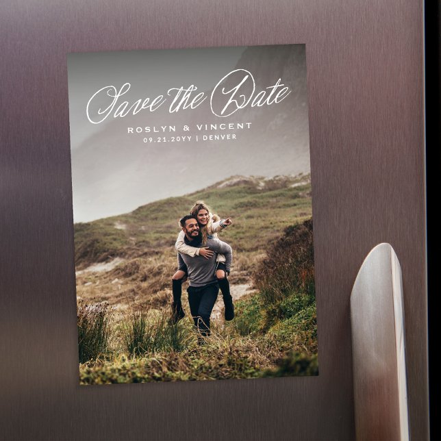 Rustic script photo wedding save the date magnetic invitation (Creator Uploaded)