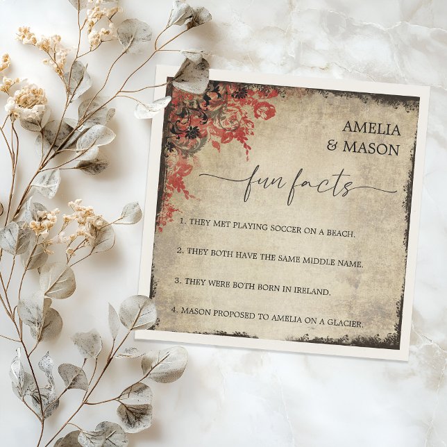 Rustic Script Red Floral Fun Facts Wedding  Napkin (Rustic Script Red Floral Fun Facts Wedding Napkins)